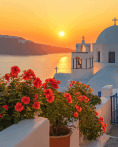 Sunset with flowers and white buildings, showcasing passive income for travel to fund a luxury vacation in 2025.